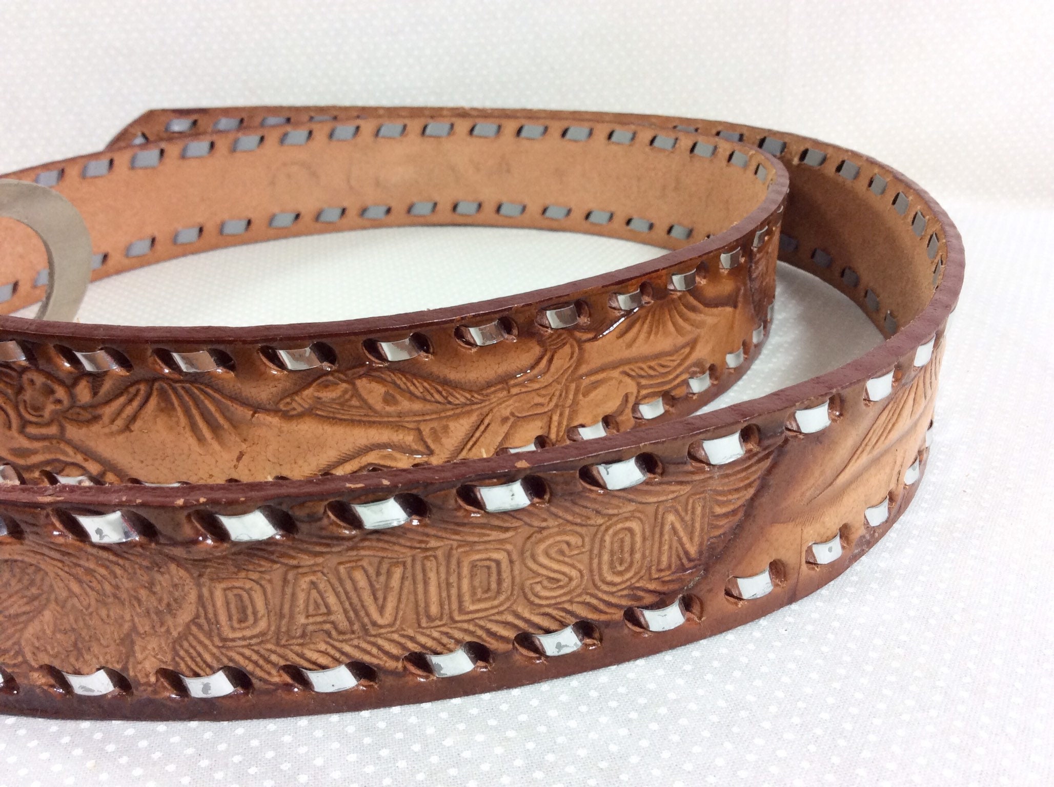 Vintage Harley Davidson Tooled Leather Belt with Horseshoe Buckle and  Metallic Stitch size 44-47