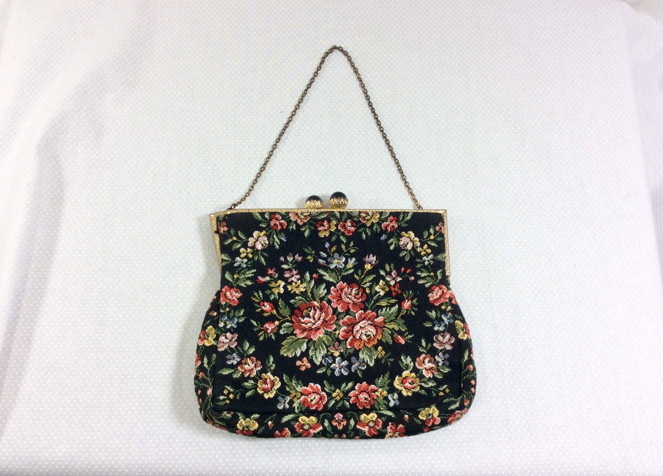 1940s French Floral Needlepoint Clamshell Purse with Chain Strap