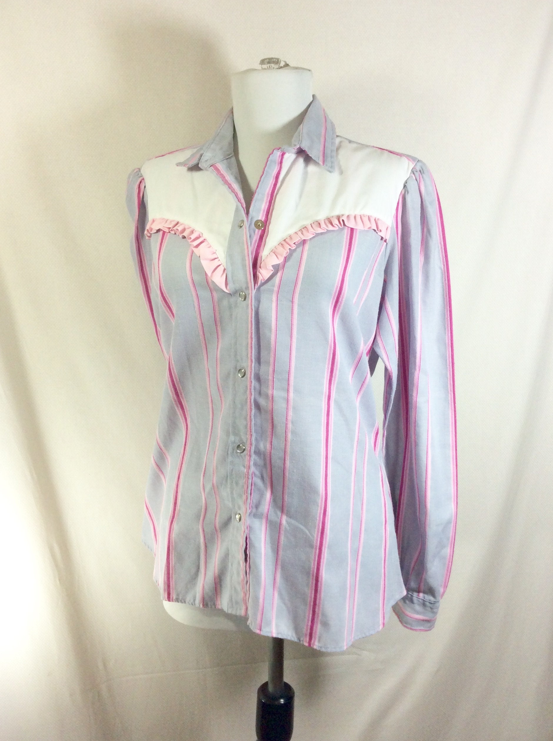 1980s Ruffled Pearl Snap Striped Western Shirt with Sweetheart Yoke ...