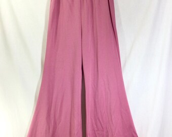 1970s Blush Rose Bell Bottom Polyester Pants with High-Rise Elastic Waist size S