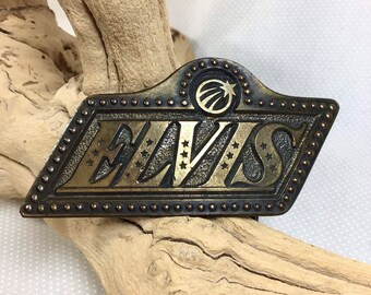 1970s Brass ELVIS 2” x 4.75” Belt Buckle with Studded Border