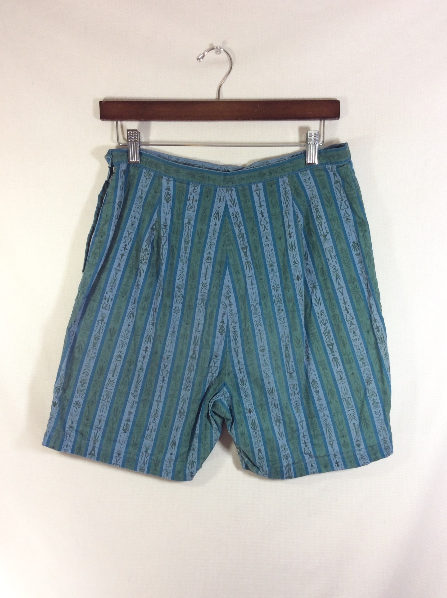 1960s Surf Shorts with Teal Tiki Mid Century Striped Print Shorts ...