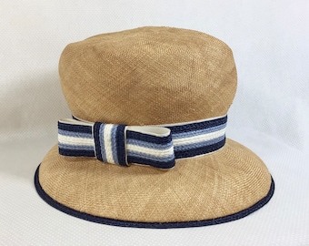 1960s Designer Mr. John Jr. Straw Top Cloche with Striped Ribbon Bow