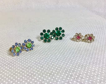 Lot of 3 Pairs 1960s Rhinestone Daisy Screwback Earrings