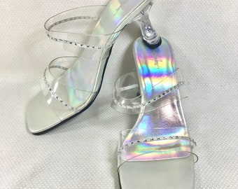 Y2K Clear Acrylic and Rhinestone Iridescent Slip-On Square Toe Pumps size 6.5