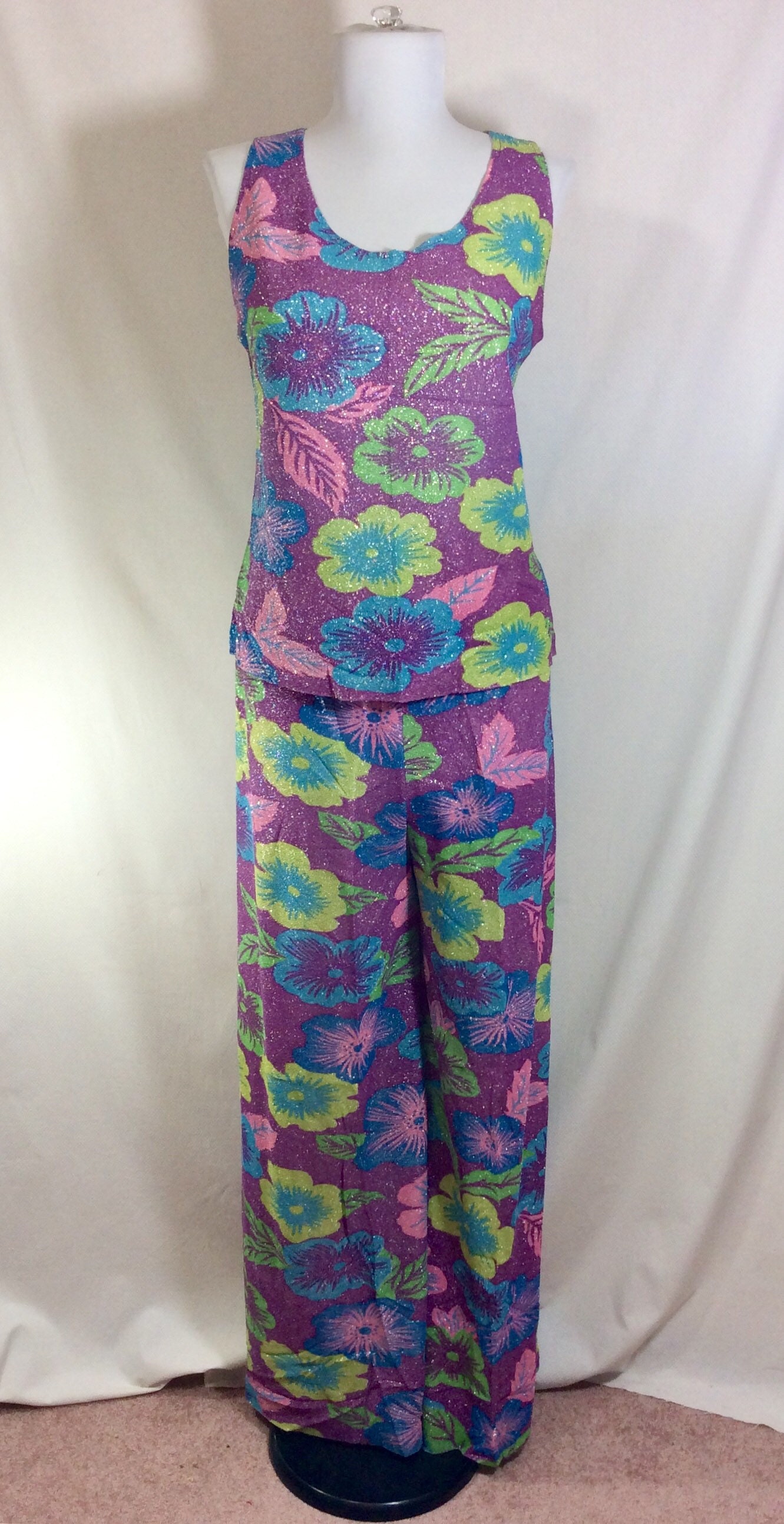1960s 3pc Sparkly Groovy Bell Bottom Pants, Tank, and Blouse Set size S/M