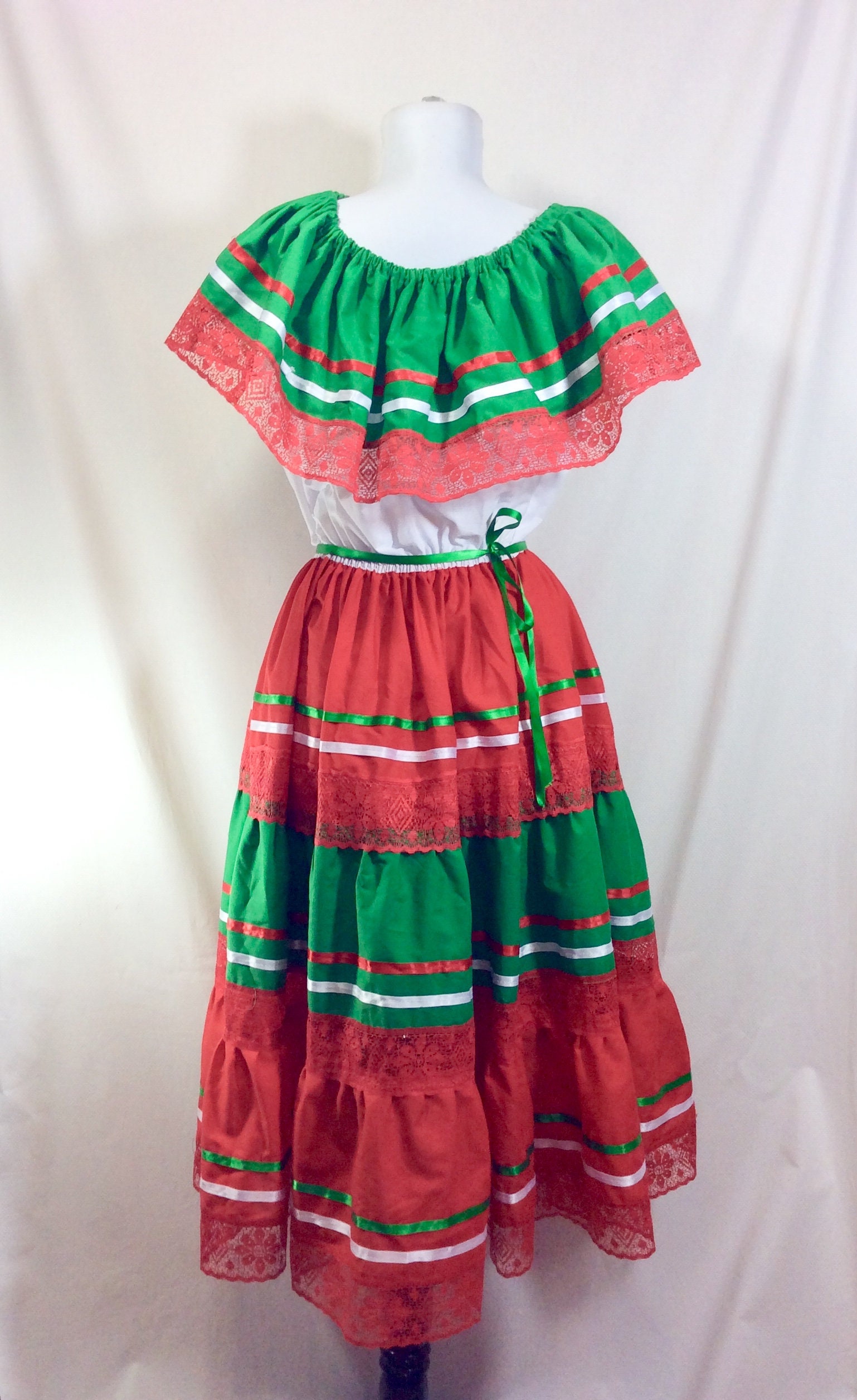 Festive Mexican Off the Shoulder Huipil Dress with Ribbon and Lace size M L