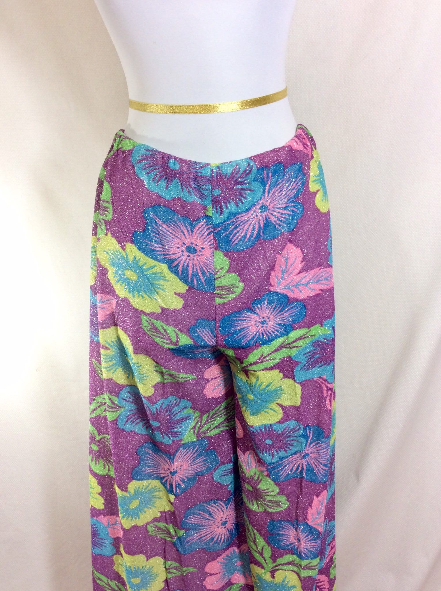 1960s 3pc Sparkly Groovy Bell Bottom Pants, Tank, and Blouse Set size S/M