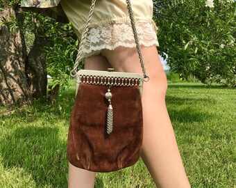 1970s Tassel Charm Suede Leather Purse with Long Adjustable Chain Strap