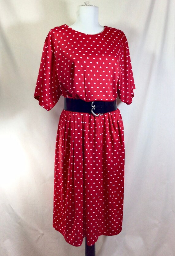 1990s Red Polka Dot Short Sleeve Stretch Dress wi… - image 1