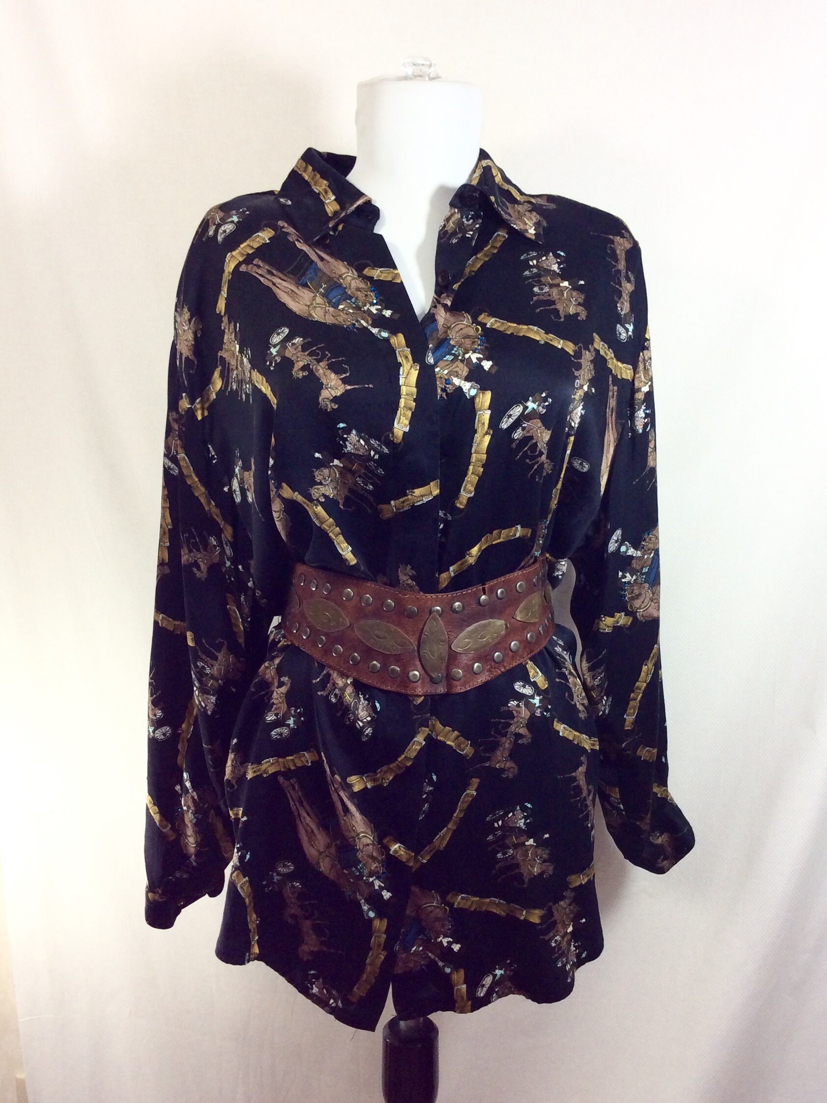 1980s Silk Rhinestone Embellished Western Horse Print Blouse size S-XXL