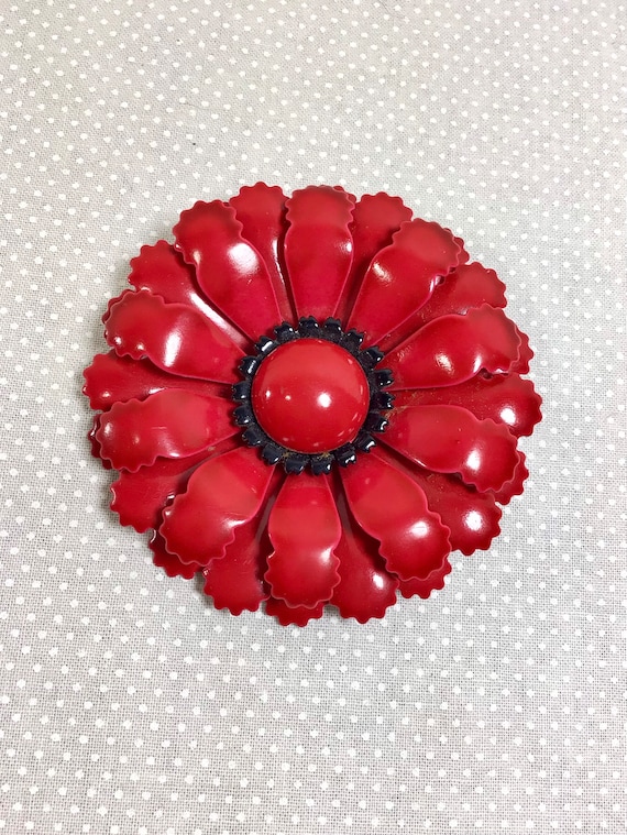 1960s Crimson Red and Black 3” Metal Enamel Flower