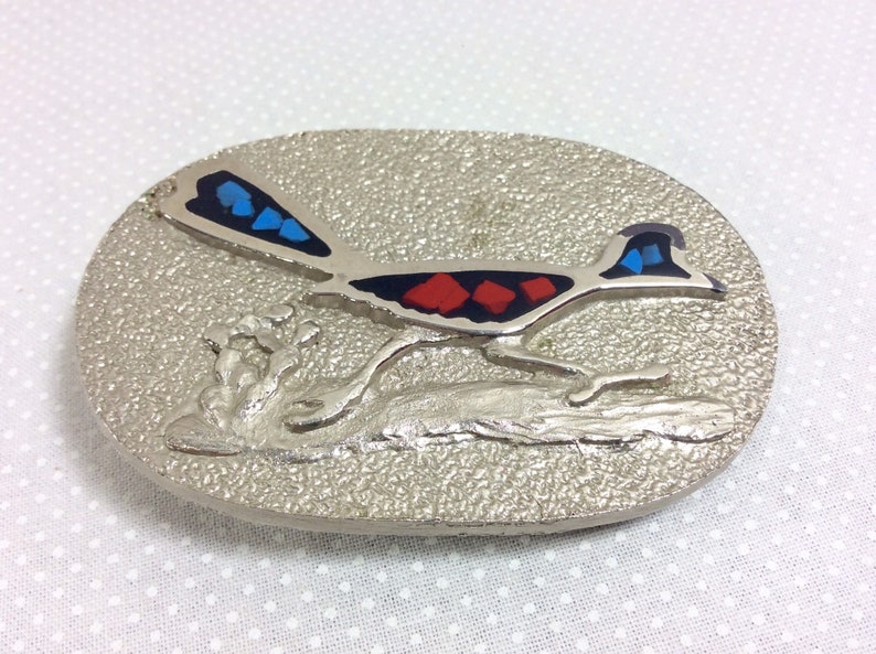 1970s Roadrunner Belt Buckle with Turquoise and Coral Inlays