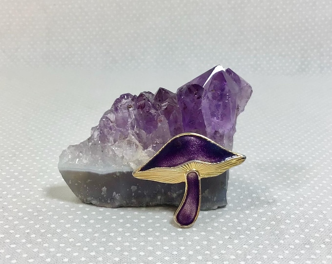 Featured listing image: Vtg Glitter Enamel Purple and Gold tone Mushroom Brooch 1” x 1.25”