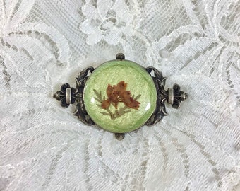 1960s Pierre Bex Pressed Flower Brooch with Glittery Green Enamel and Antique Silver Setting