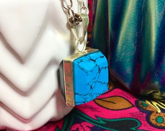 Vintage Double-Sided Turquoise Howlite and Onyx Sterling Silver Pendant Necklace on Long Chain