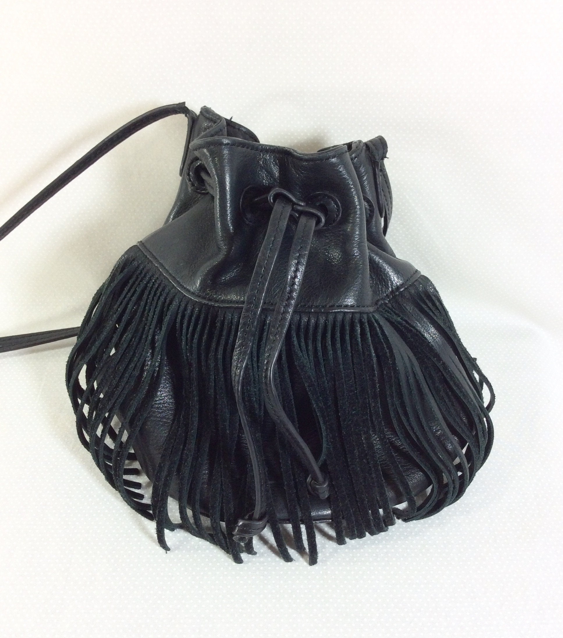 Vintage Fringed Black Leather Drawstring Bucket Purse with Long Strap