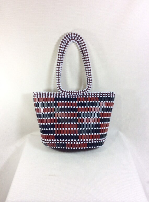 1960s Beaded Tile Structured Bucket Tote with Beaded … Gem