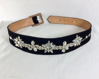 1940s Velvet Leather Rhinestone and Beaded Waist Cinch Belt size 26-29” size S