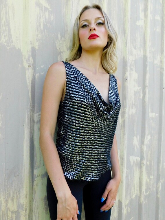 1980s Silk Sequin Beaded Cowl Neck Top by Laurence