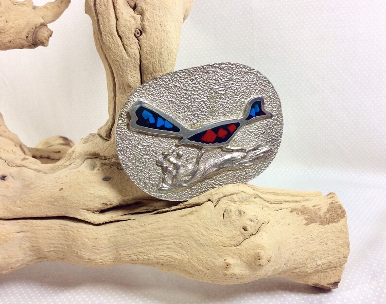 1970s Roadrunner Belt Buckle with Turquoise and Coral Inlays