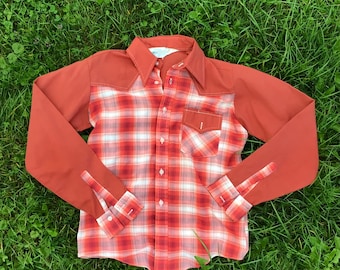 1970s Burnt Orange Plaid Button Up Western Shirt size M