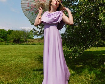 70s/80s Lavender Draped Dress with Cowl Neck and Floral Lace Shoulders size M