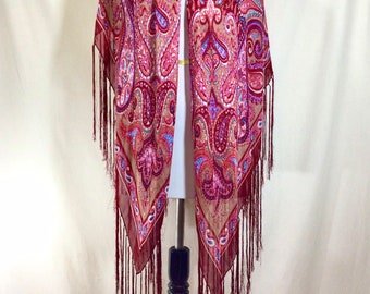 1960s Silk Fringe Magenta Paisley Boho Shawl