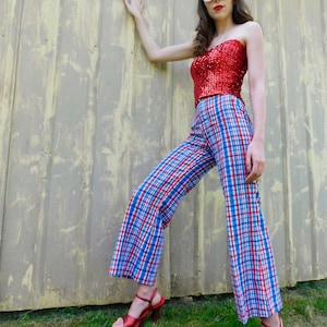 1970s Cotton Bell Bottom High-Rise Plaid Zip Trousers size S