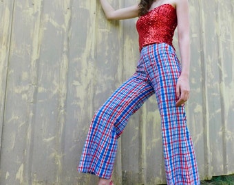 1970s Cotton Bell Bottom High-Rise Plaid Zip Trousers size S