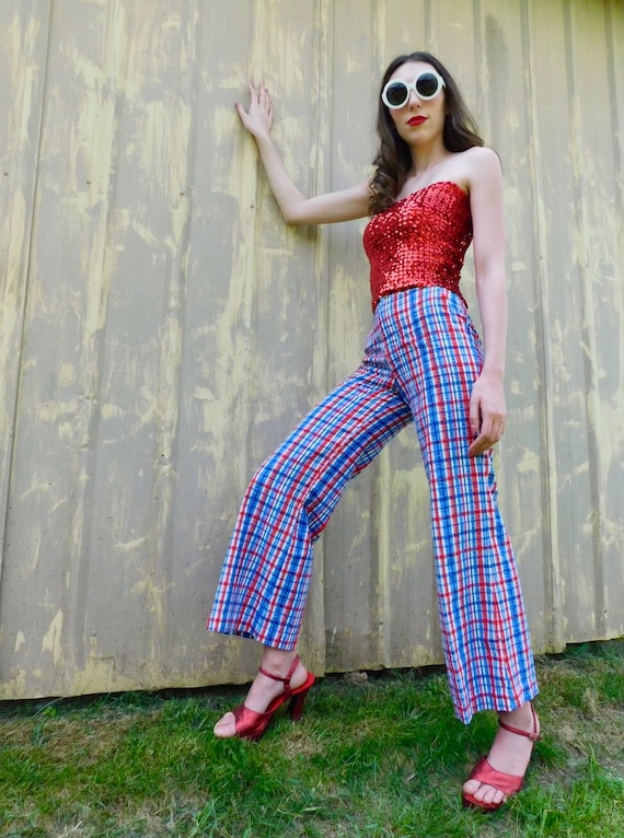 1970s Cotton Bell Bottom High-Rise Plaid Zip Trous