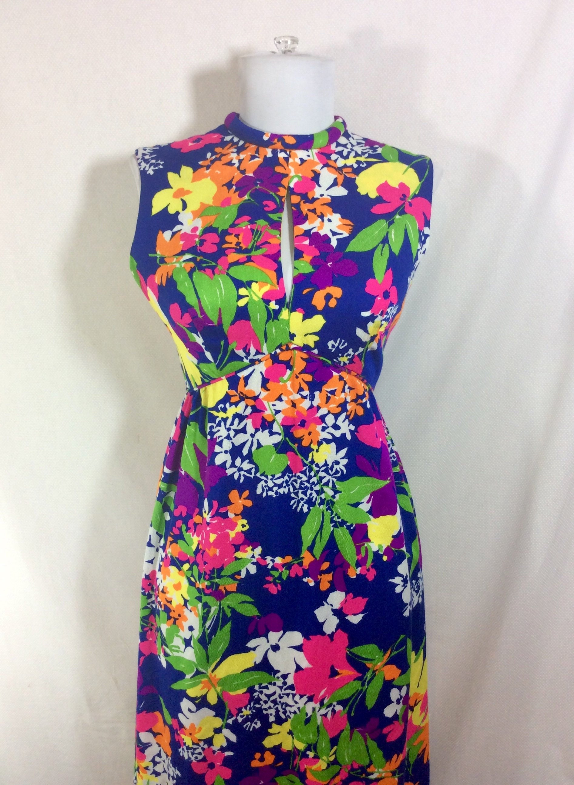 1960s Groovy Floral Sleeveless Maxi Dress with Keyhole Neckline and ...