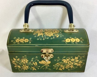 1940s Hand Painted Wood Box Purse/ Stationary Box with Letter Opener