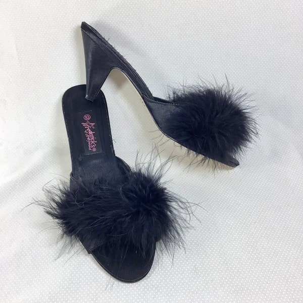 1980s Satin Peep Toe Pumps with Ostrich Feather by Fredericks of Hollywood size 10