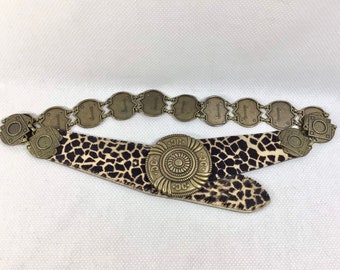 1980s Leopard Print Tribal Link Belt with Medallion Buckle waist sizes 32-34