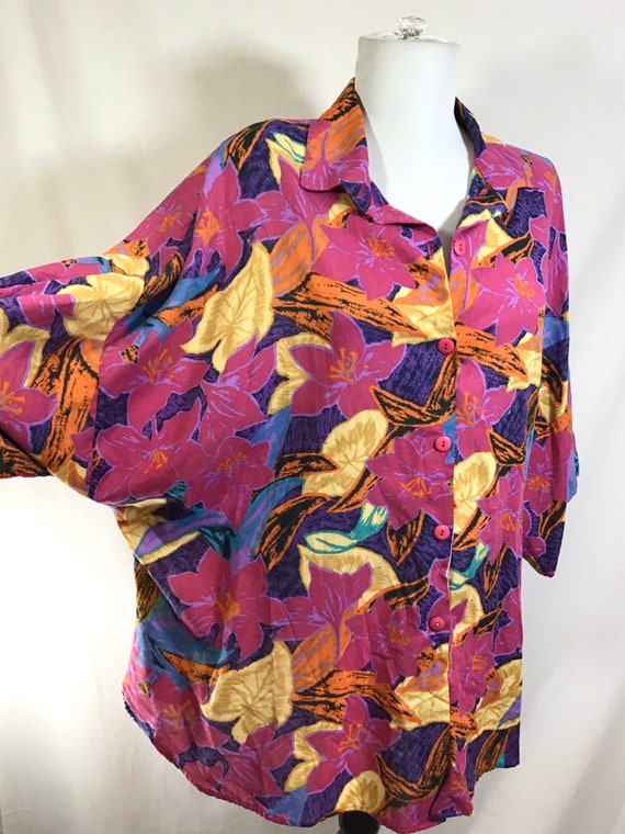 1980s Palm Beach Slouchy Tropical Short Sleeve Bu… - image 4