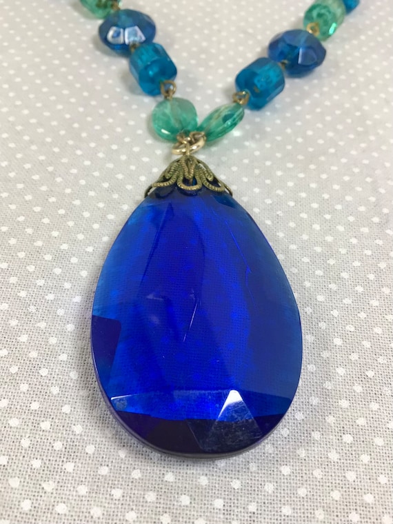 1960s German Crystal Beaded Royal Blue Pendant Neckla… Gem