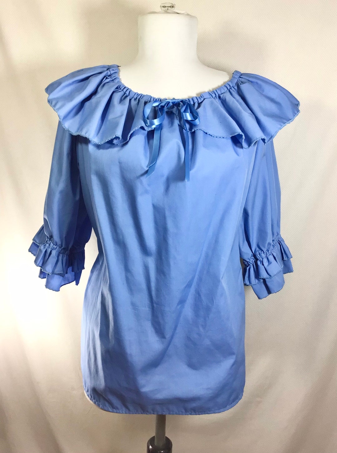 1980s Blue Ruffle Elastic Square Dance Blouse With Ribbon Size Etsy