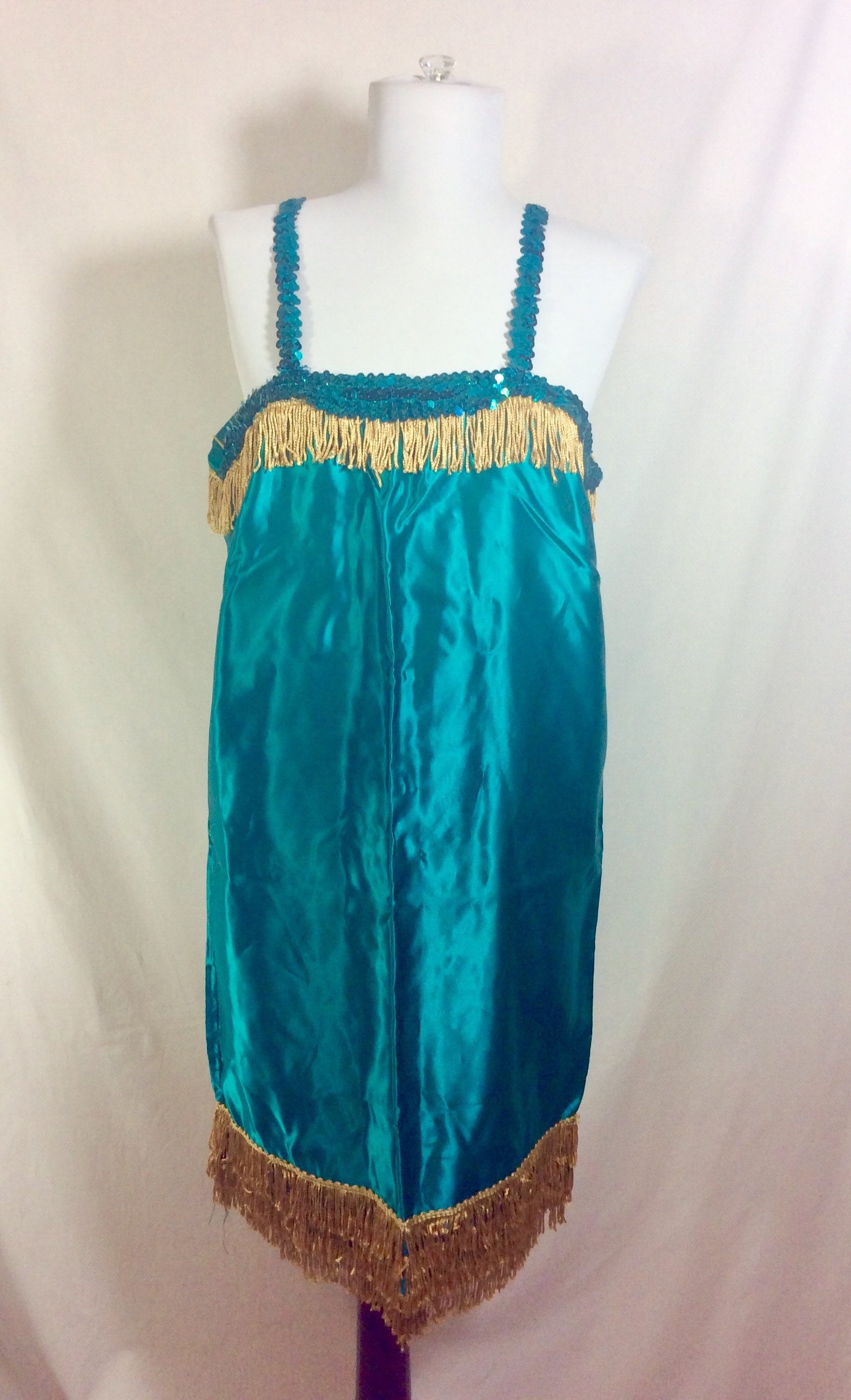 RESERVEDVintage Teal Sequin Satin Flapper Costume with Gold Fringe size M