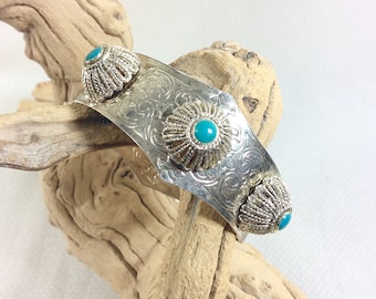 Vintage Silver Moroccan Hinged Cuff Bracelet with Turquoise Enamel and Pin Clasp