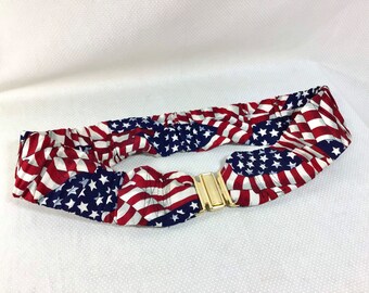 1980s American Flag Fabric Covered Elastic Cinch Belt waist size 30-33”