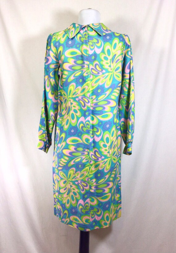 1960s Psychedelic Floral Print Long Sleeve Shift … - image 3