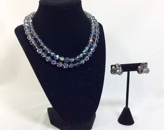 1960s VOGUE Aurora Borealis Crystal Necklace and Cluster Earring Set