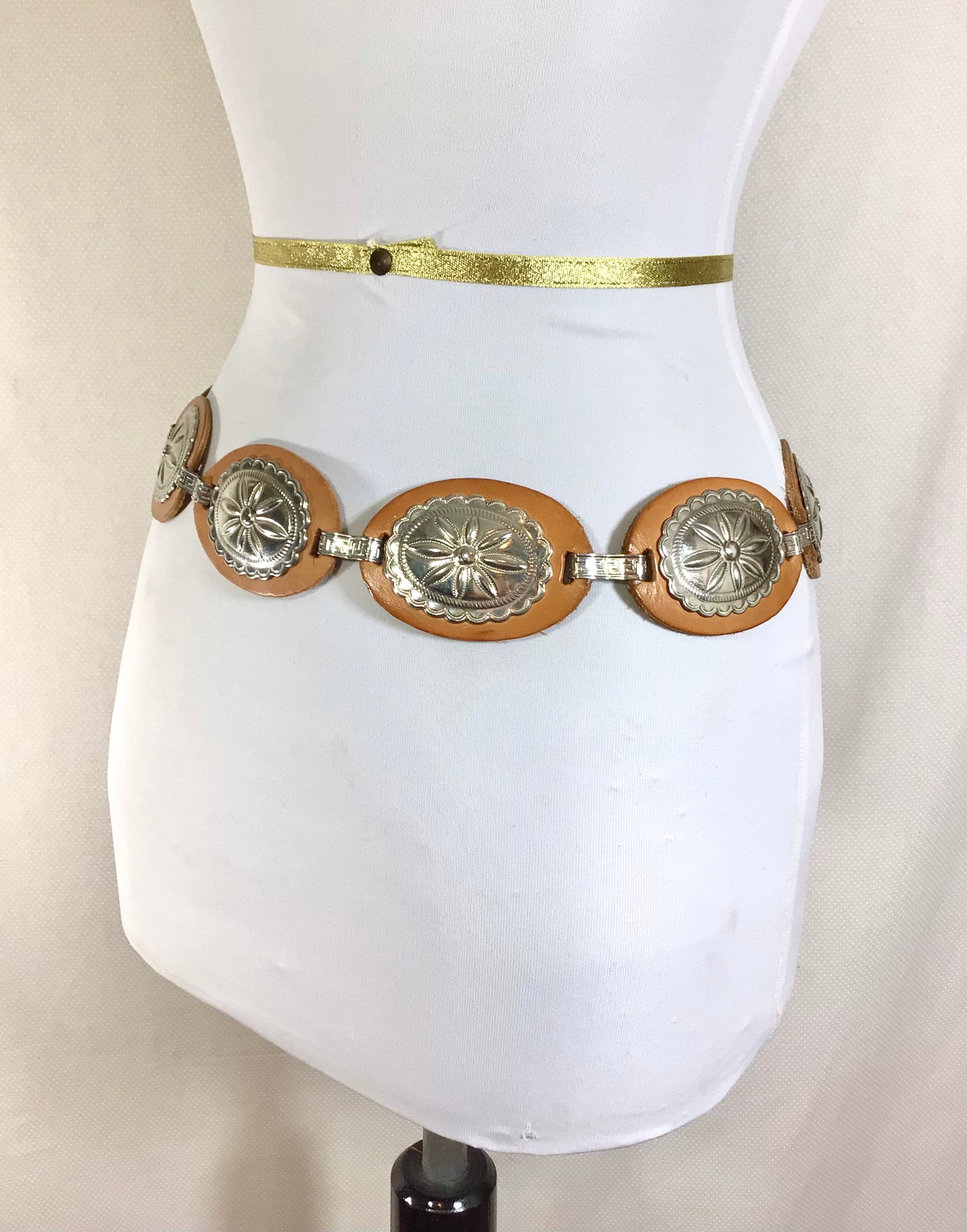 1970s Tan Leather Concho Belt with Longhorn Buckle waist size 3032