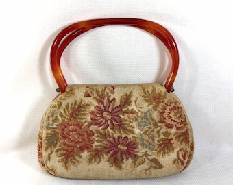 1960s Fall Floral Tapestry Purse with Lucite Top Handles