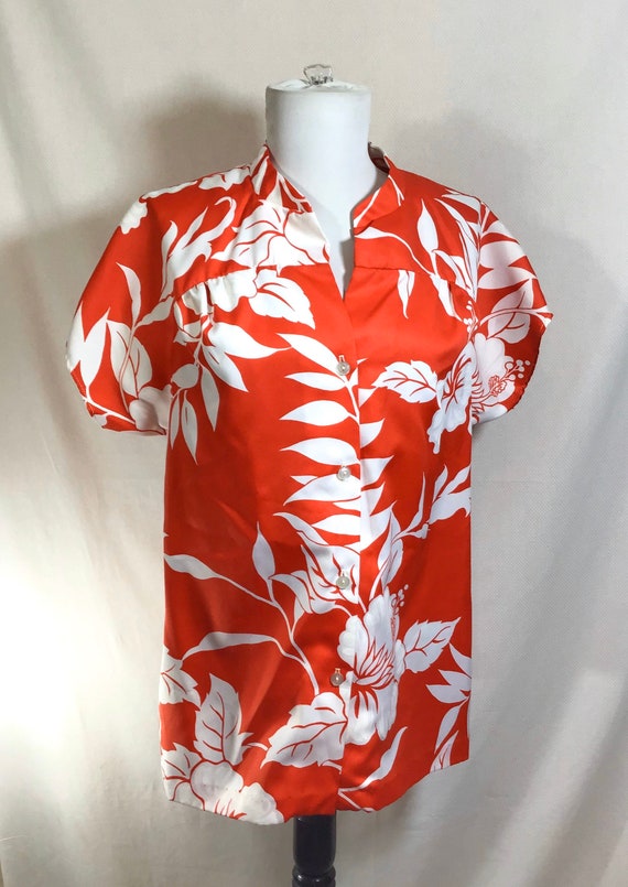 1980s Red Hawaiian Hibiscus Print Button-Up Smock