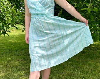 1970s Cotton Light Blue Plaid Sleeveless Sundress with Crossover Bodice size M
