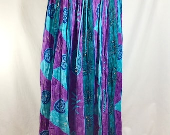 Vtg Boho Maxi Skirt with Metallic Print Symbols and Drawstring Waist size M/L/XL