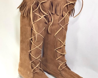 Vtg Tall Lace-Up Suede Minnetonka Fringe Boots size 10