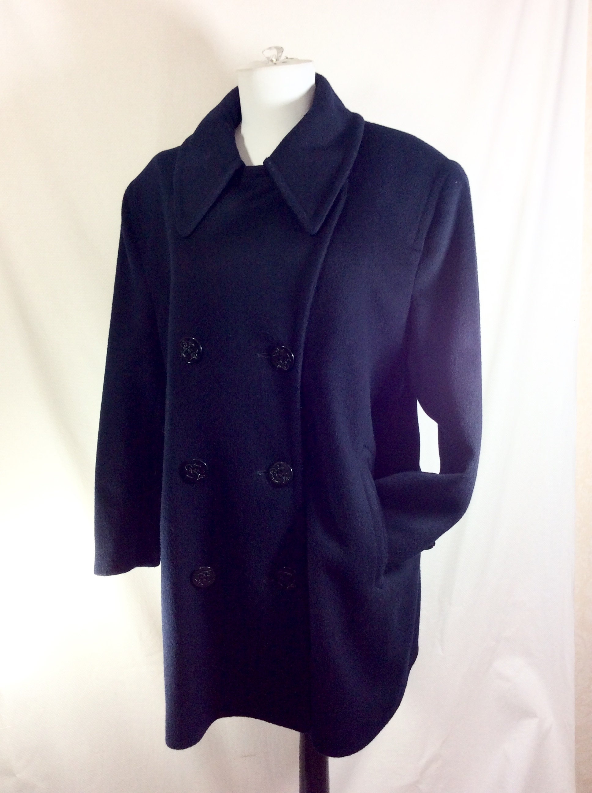 1960s Navy Blue Wool Double Breasted Peacoat with Anchor Buttons size XL